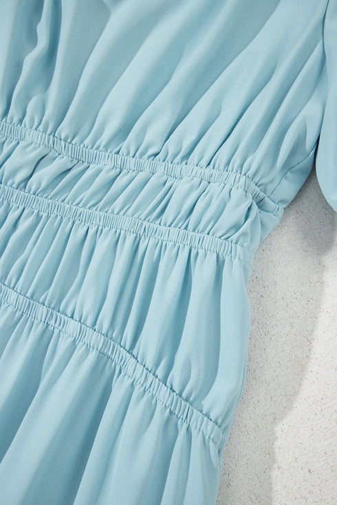 Puff Sleeve Pleated High Waist Flowy Long Dress